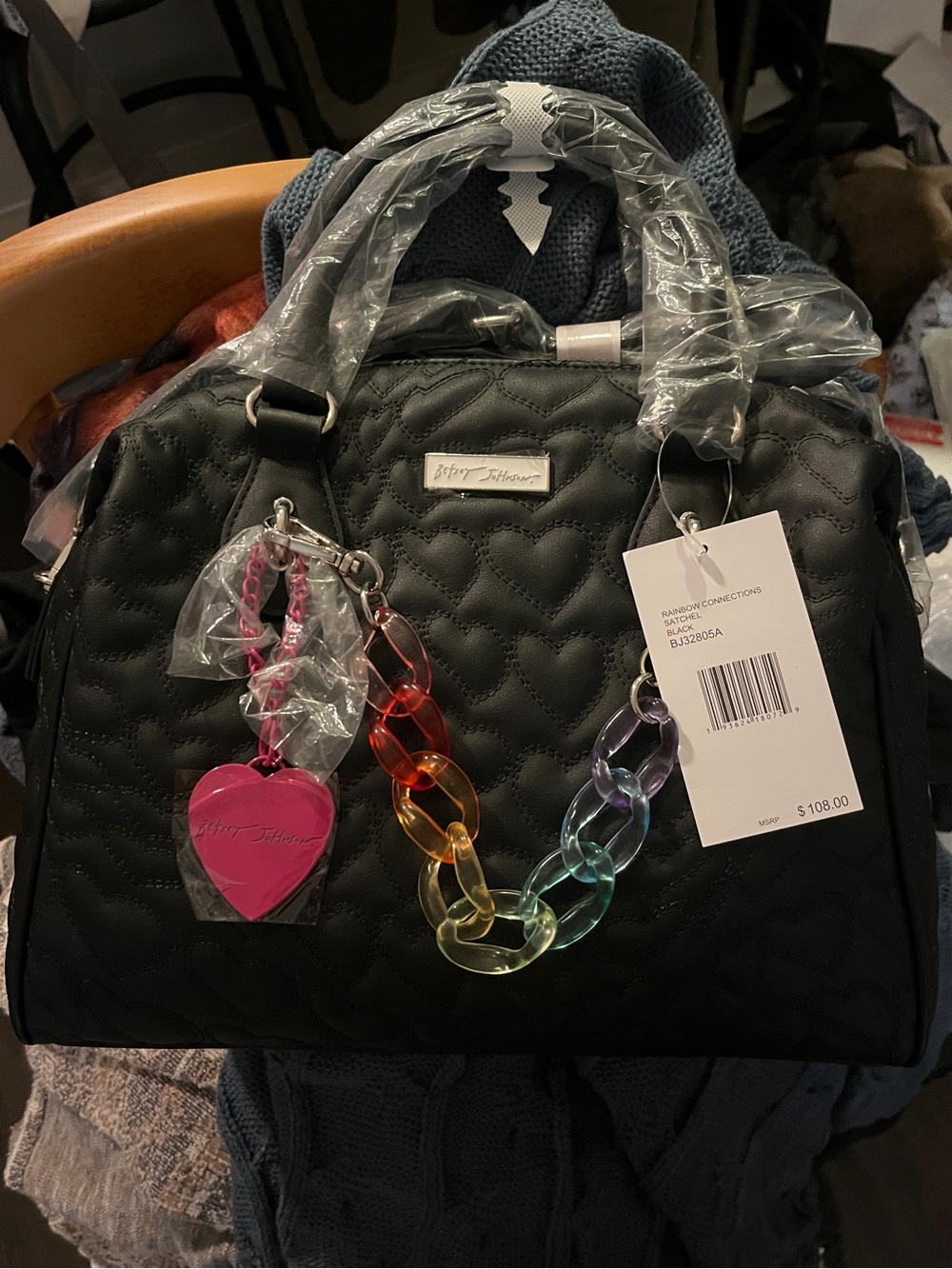 Betsey Johnson Black Quilted Satchel w/ Rainbow Connection and Pink Heart Charms